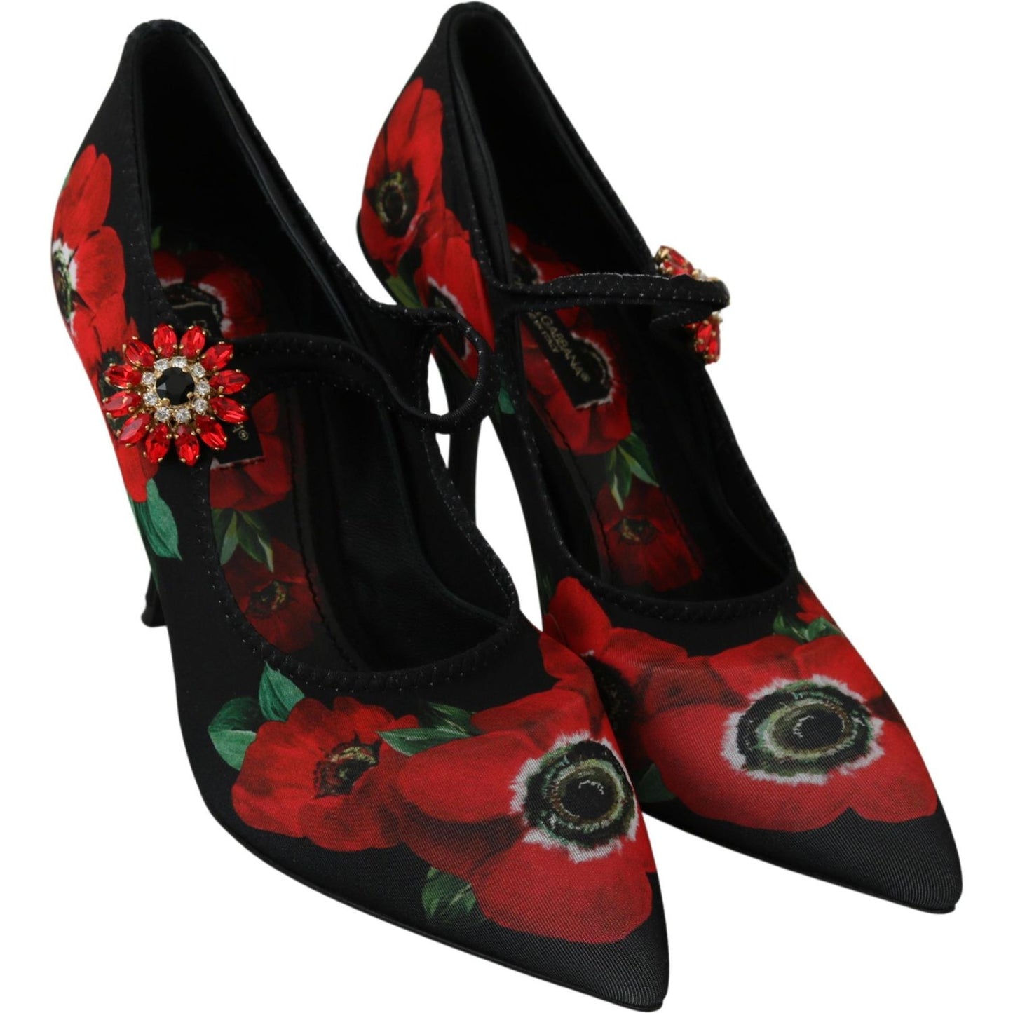 Dolce & Gabbana Floral Mary Janes Pumps with Crystal Detail Shoes Dolce & Gabbana Black