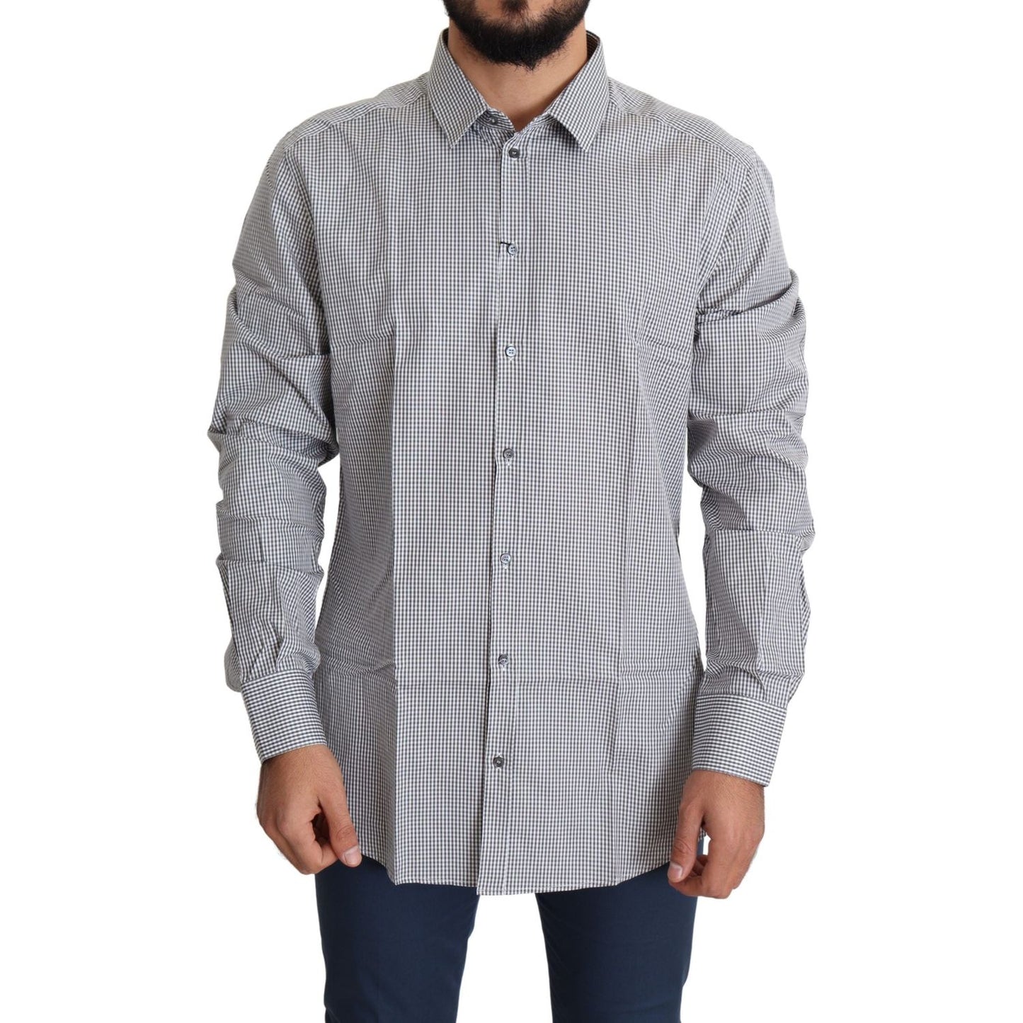 Dolce & Gabbana Checkered Slim Fit Cotton Dress Shirt Dolce & Gabbana Light Slate Gray