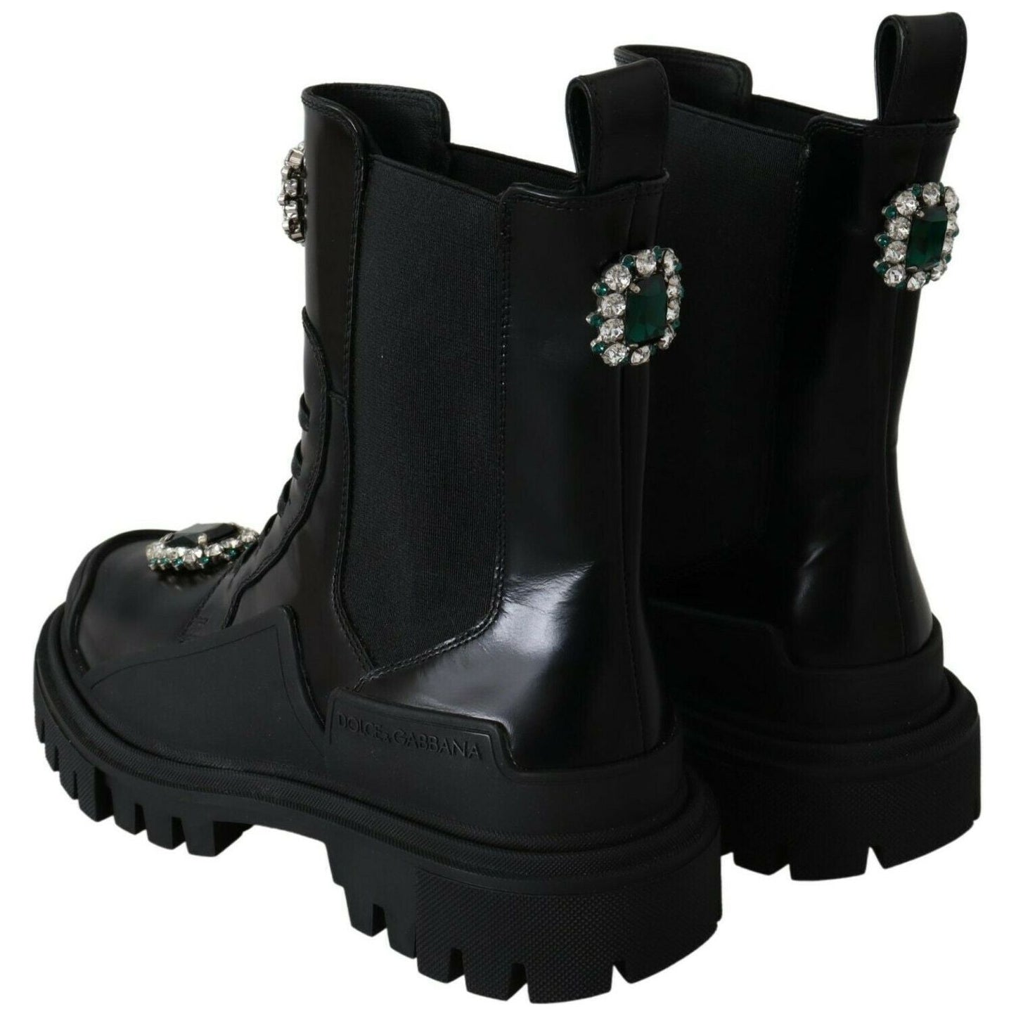 Dolce & Gabbana Elegant Black Leather Combat Boots with Crystal Detail Dolce & Gabbana Black