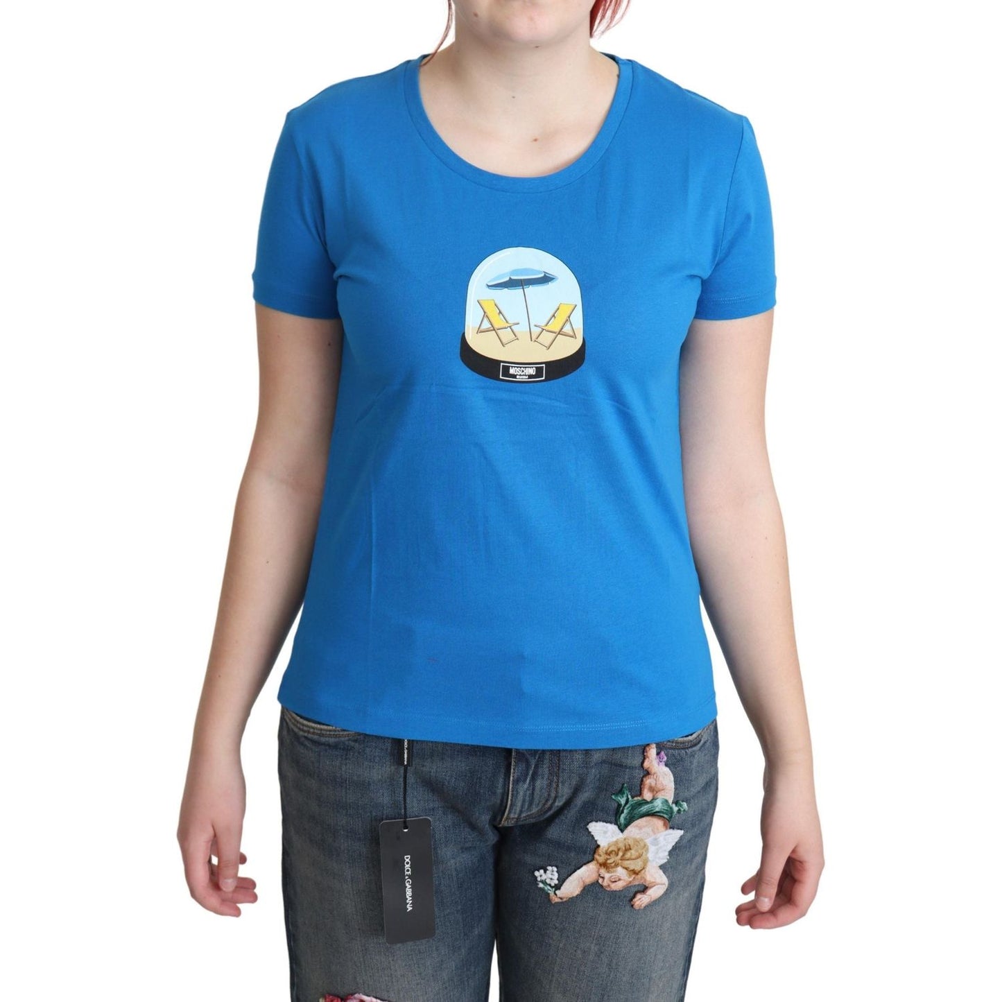 Moschino Chic Blue Cotton Tee with Iconic Print Moschino Steel Blue