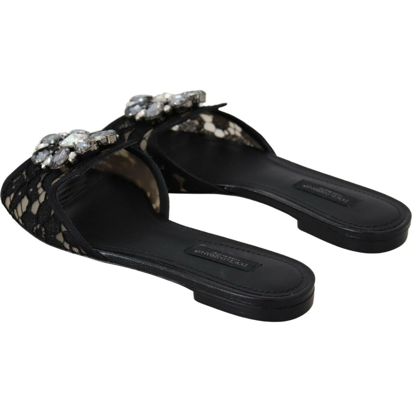 Dolce & Gabbana Elegant Black Lace Mules with Jewel Flower Detail Dolce & Gabbana Black