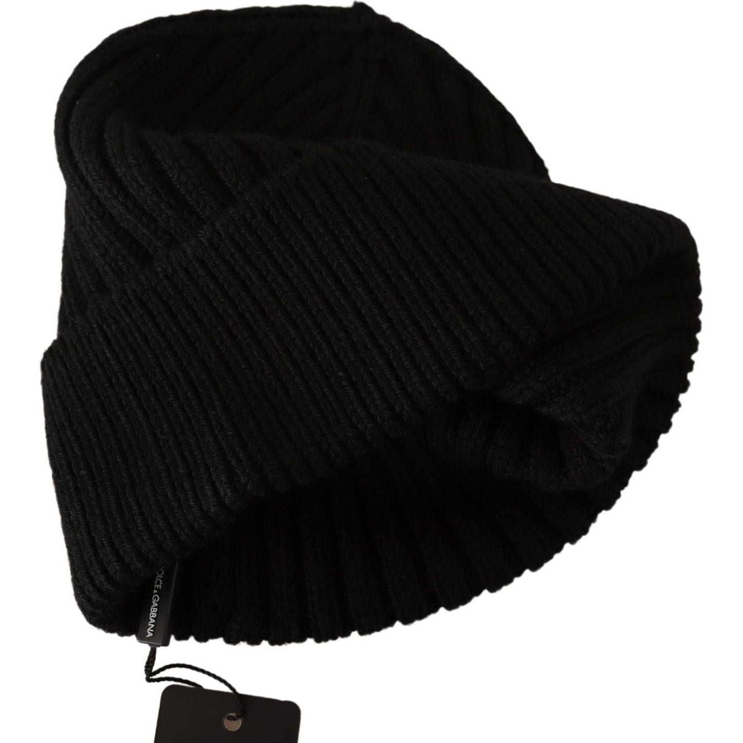 Dolce & Gabbana Elegant Cable Knit Wool Beanie with Fleece Liner Beanie Hat Dolce & Gabbana Black