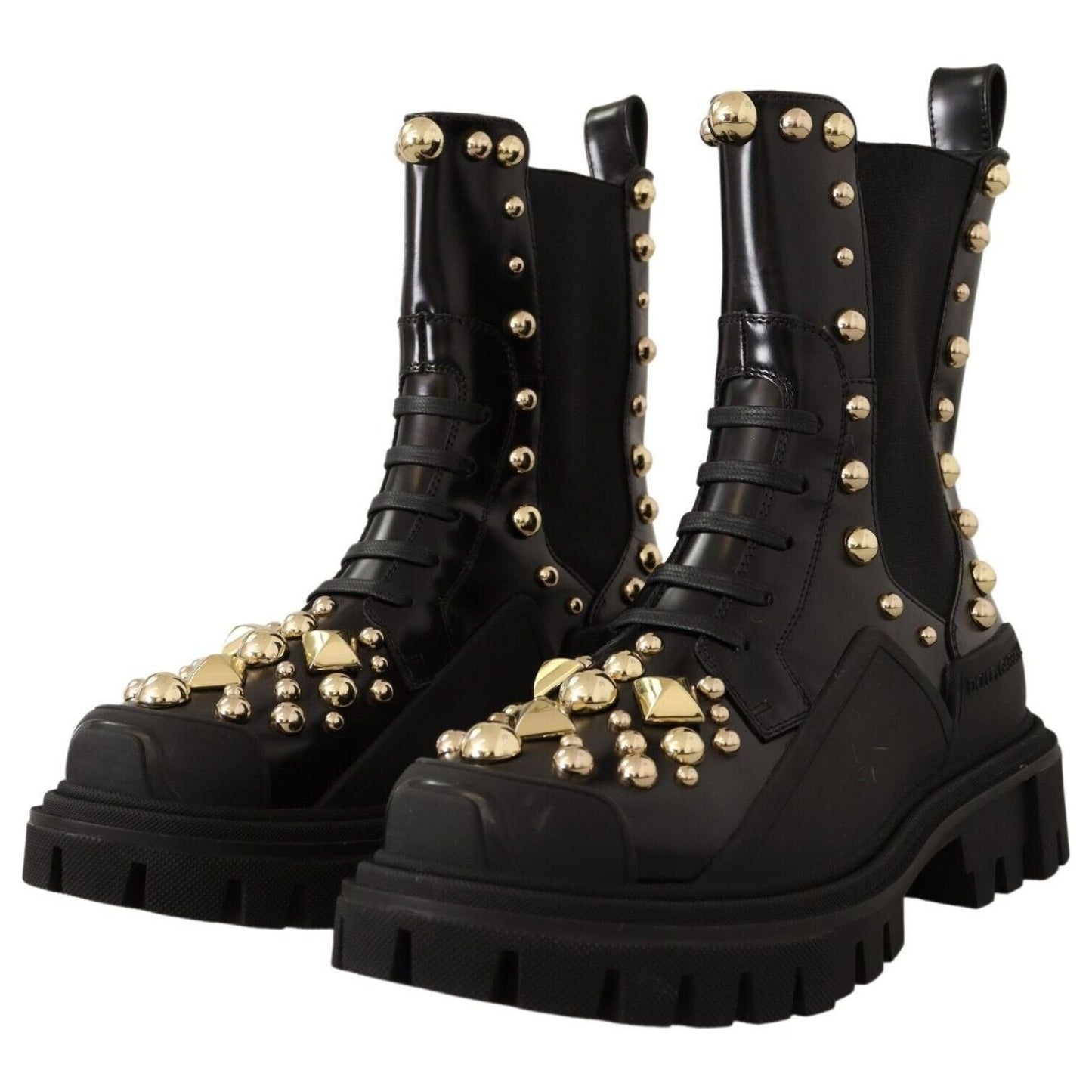 Dolce & Gabbana Studded Leather Combat Boots with Embroidery Dolce & Gabbana Black