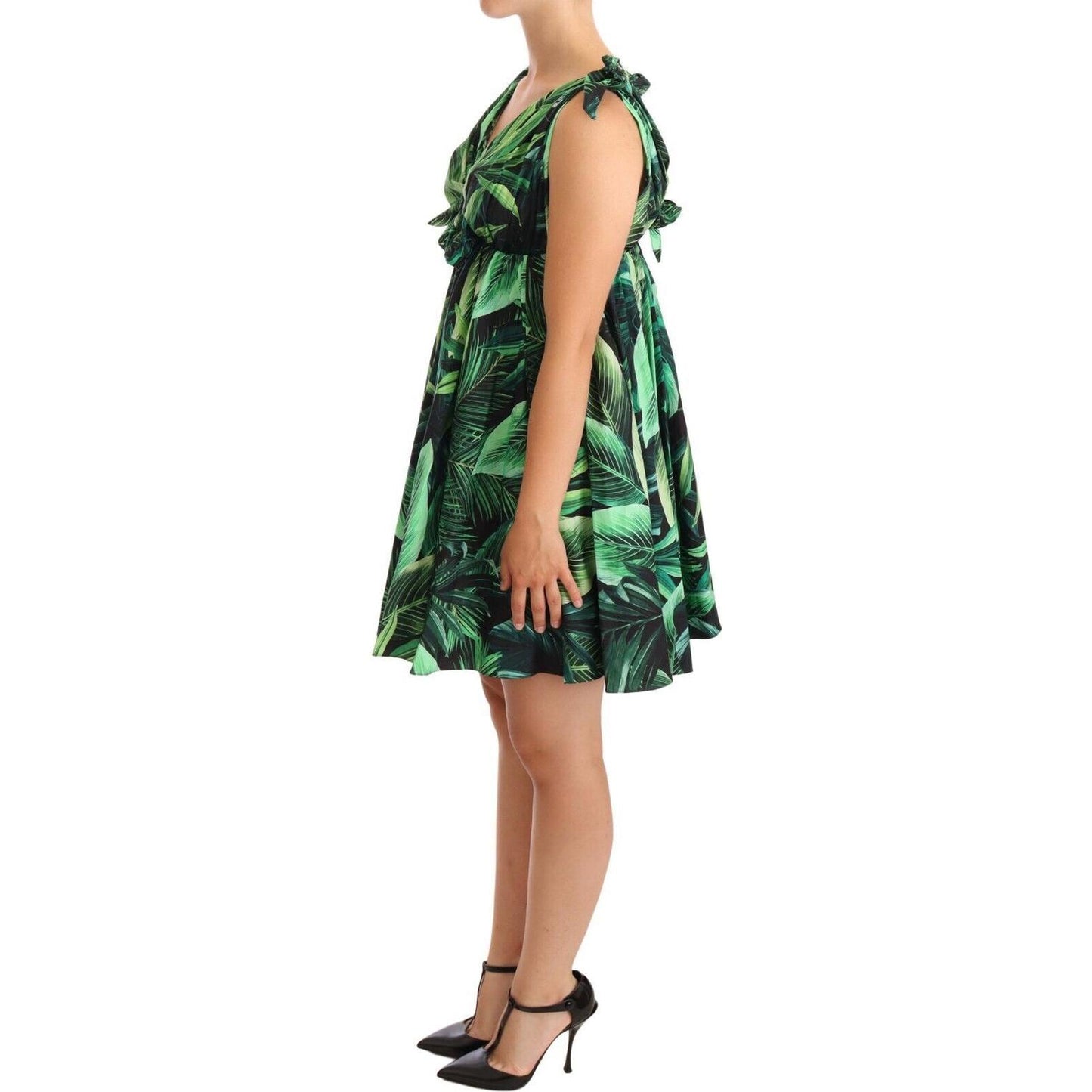 Dolce & Gabbana Elegant Flared Mini A-Line Dress in Green Leaf Print Dolce & Gabbana Dark Slate Gray