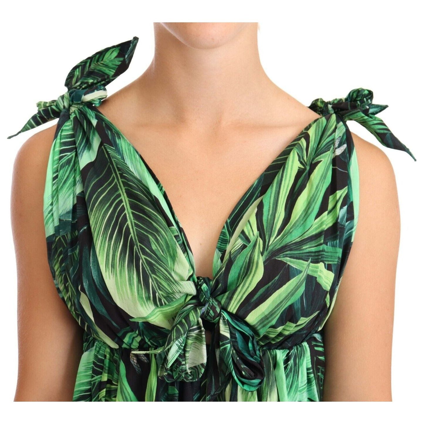 Dolce & Gabbana Elegant Flared Mini A-Line Dress in Green Leaf Print Dolce & Gabbana Tan