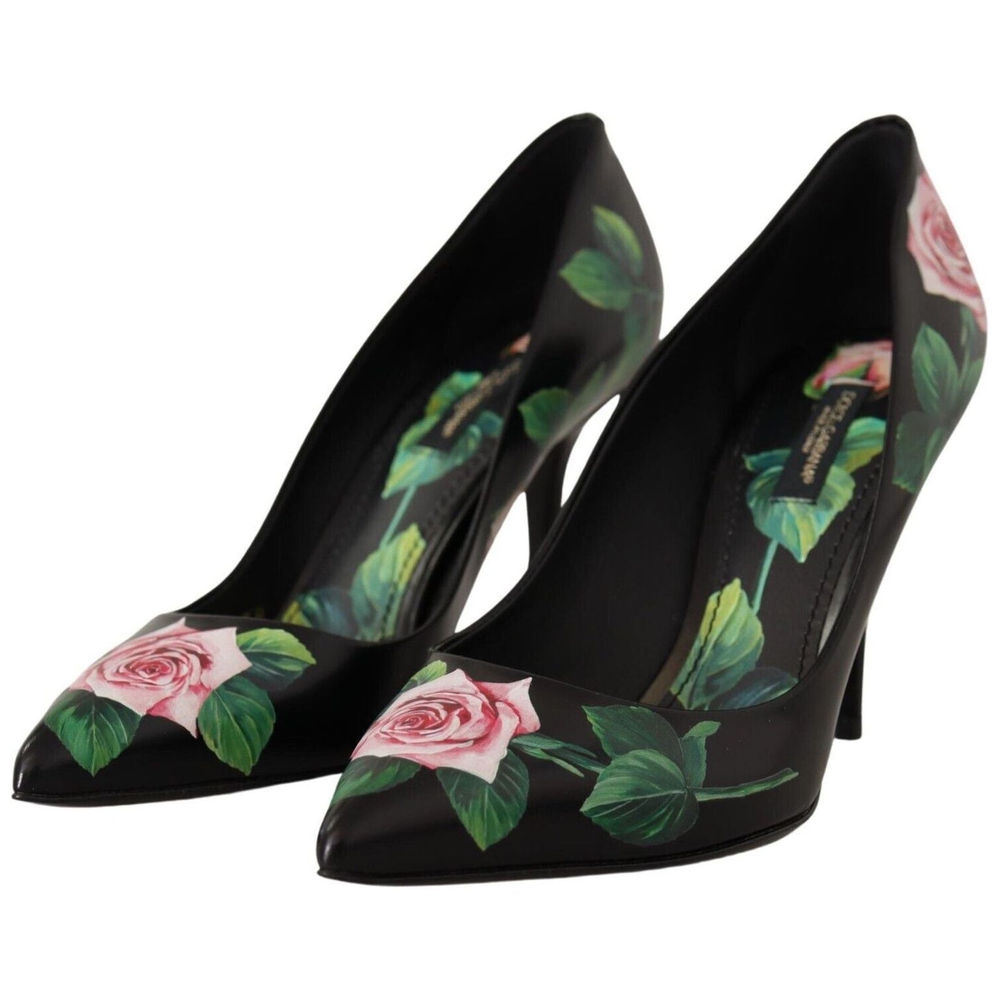 Dolce & Gabbana Elegant Black Rose Print Leather Heels Dolce & Gabbana Black