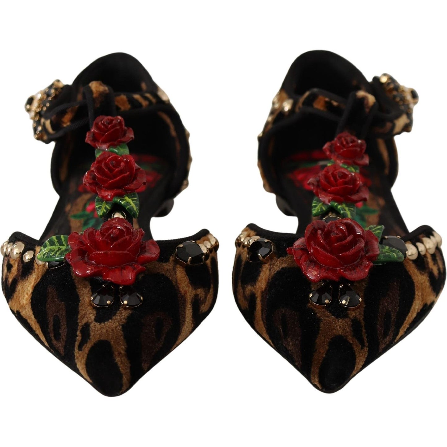 Dolce & Gabbana Floral Embellished Leopard T-Strap Sandals Dolce & Gabbana Black