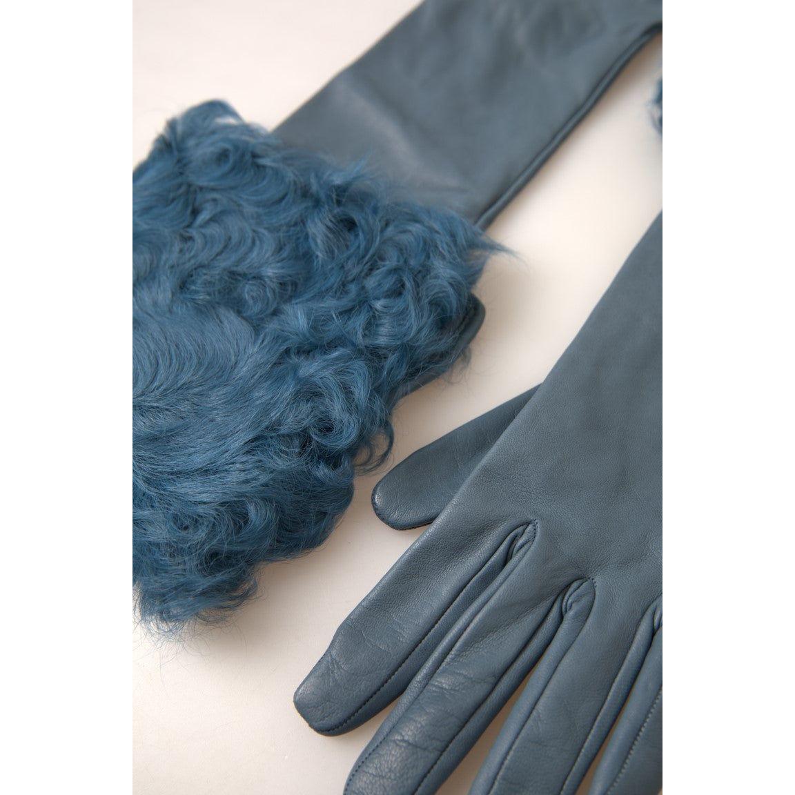 Dolce & Gabbana Elegant Blue Leather Gloves with Fur Trim Dolce & Gabbana Dim Gray