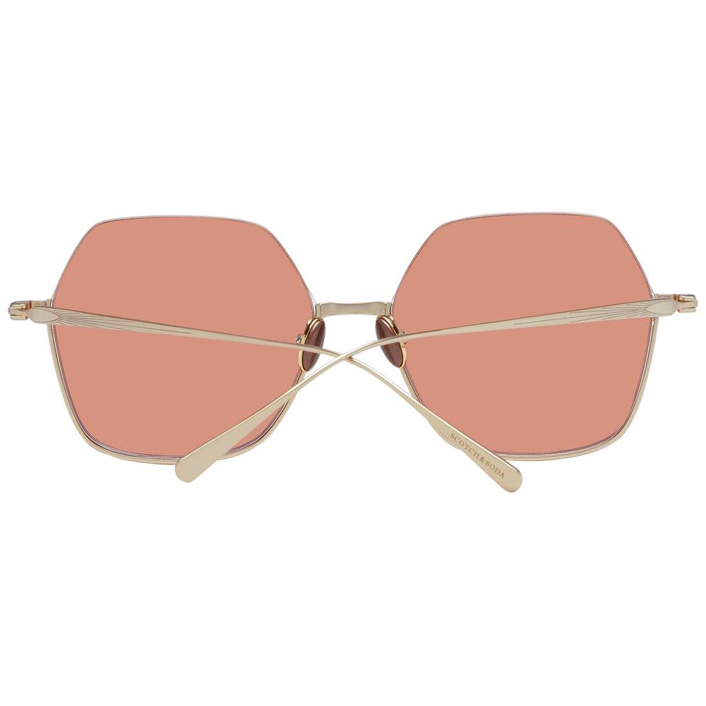 Scotch & Soda gold trapezium sunglasses with orange lenses, gold stainless steel frame, 100% UVA & UVB protection, half-rim style.