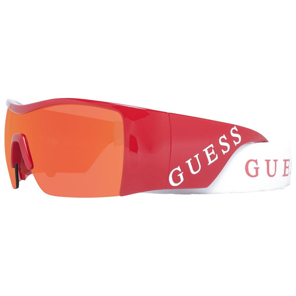Guess red women's sunglasses with mirrored grey lenses, plastic half-rim frame, offering 100% UVA & UVB protection, includes branded case.