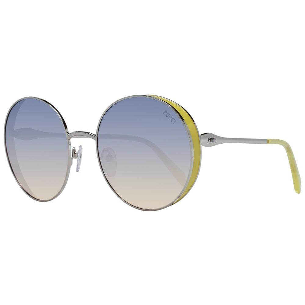 Emilio Pucci silver round women's sunglasses with metal full-rim frame, grey gradient lenses, and branded case for UV protection.