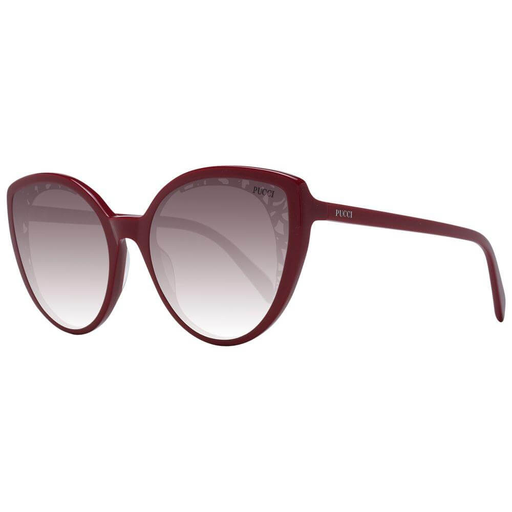 Emilio Pucci women's red butterfly sunglasses with gradient burgundy lenses, full-rim plastic frame, 100% UVA & UVB protection.