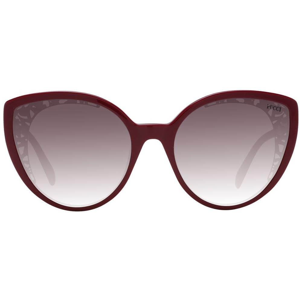 Emilio Pucci women's red sunglasses with full-rim butterfly design, burgundy gradient lenses, and 100% UVA & UVB protection.