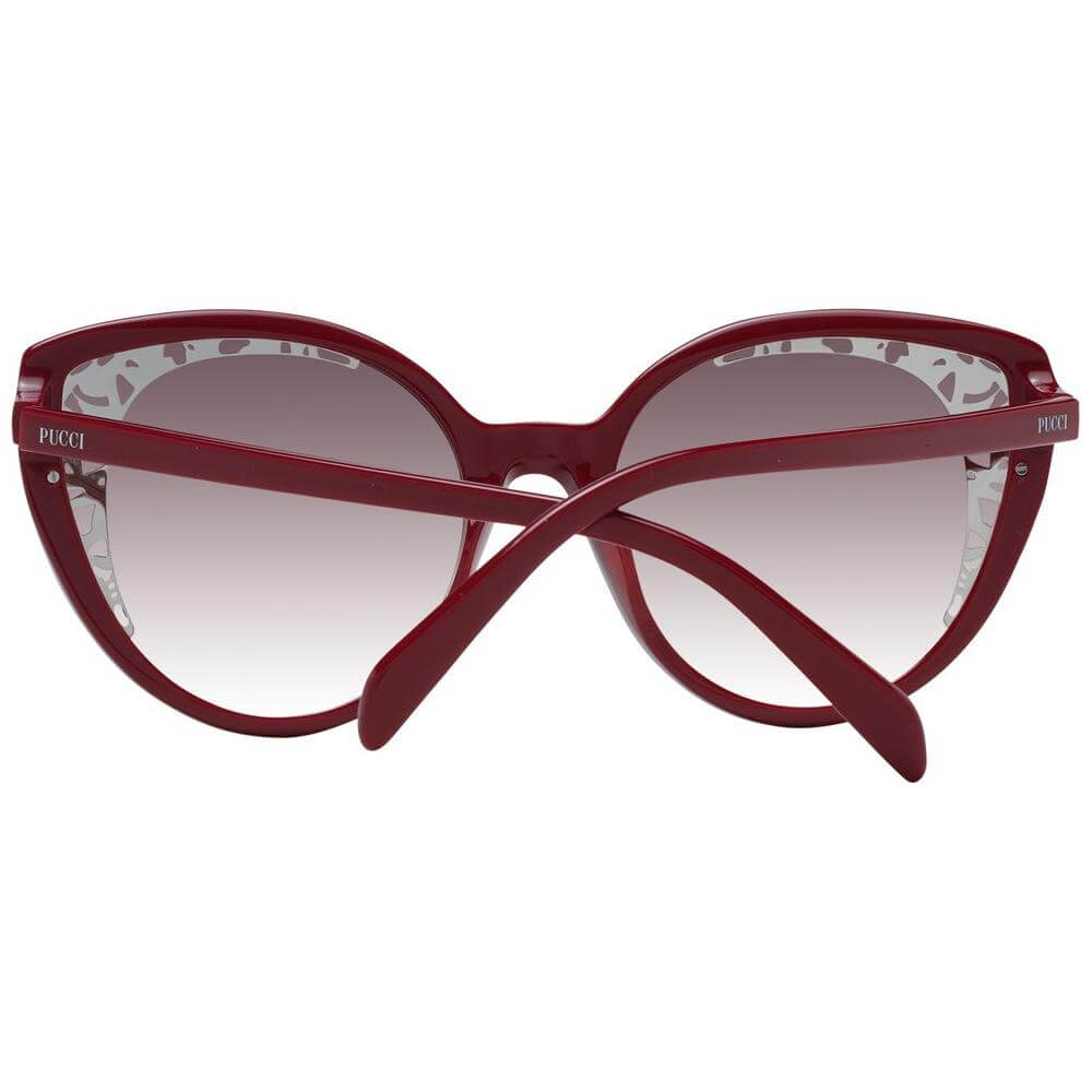 Emilio Pucci red women's sunglasses with full-rim butterfly style, gradient burgundy lenses, and branded case; 100% UVA & UVB protection.