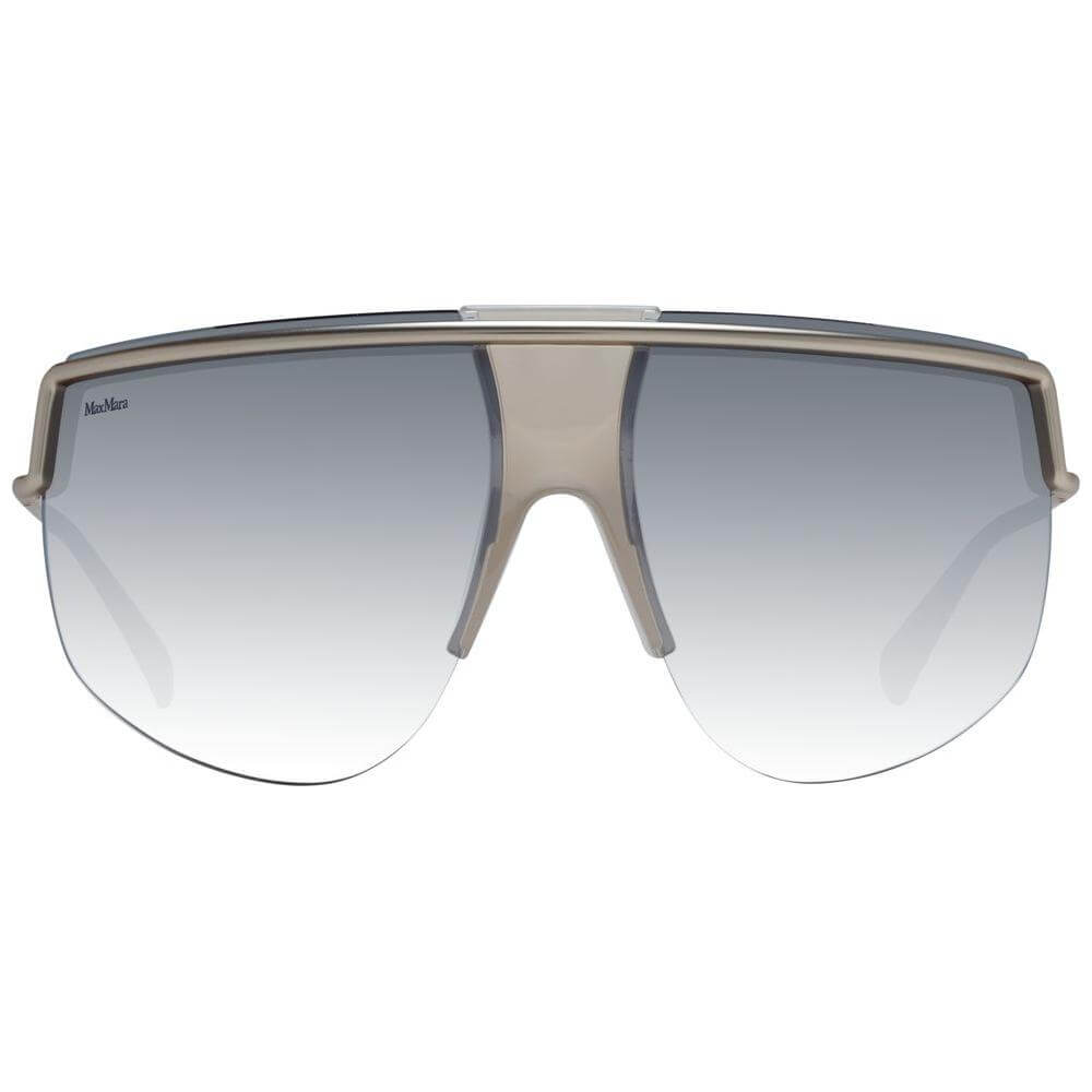 Max Mara silver aviator sunglasses for women with mirrored gradient grey lenses, metal half-rim frame, and 100% UVA & UVB protection.