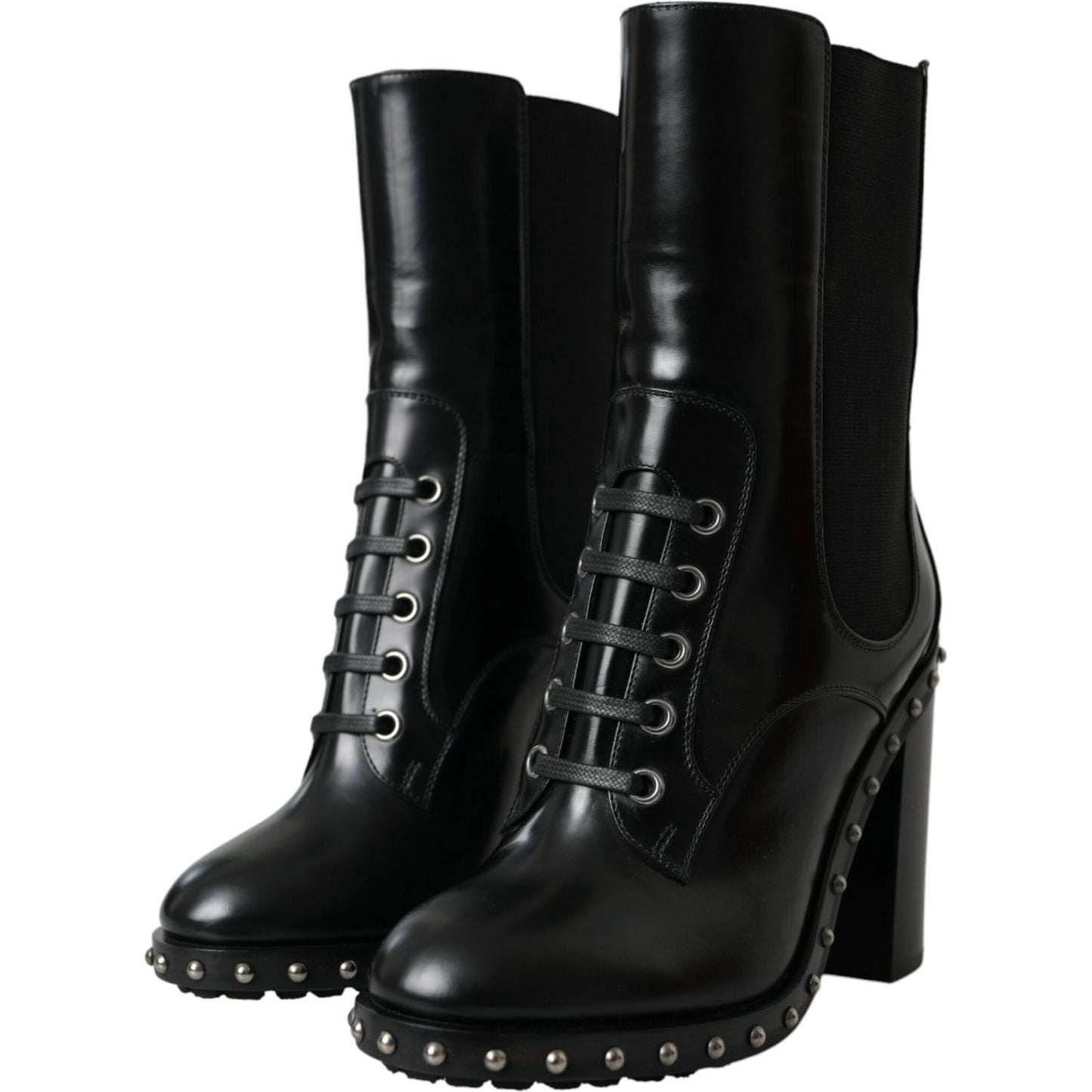 Dolce & Gabbana Black Leather Studded Lace Up Boots Shoes Dolce & Gabbana Black