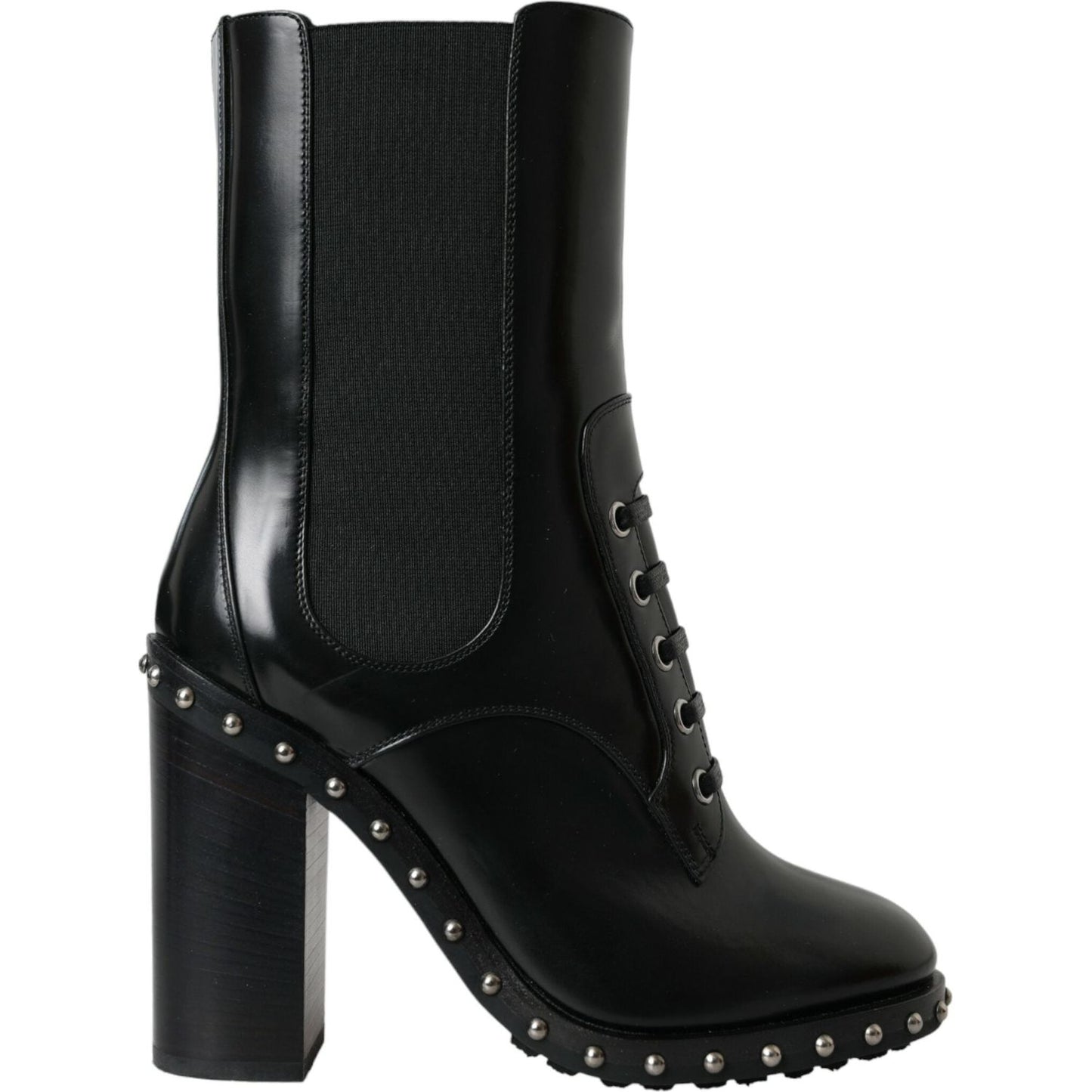 Dolce & Gabbana Black Leather Studded Lace Up Boots Shoes Dolce & Gabbana Black