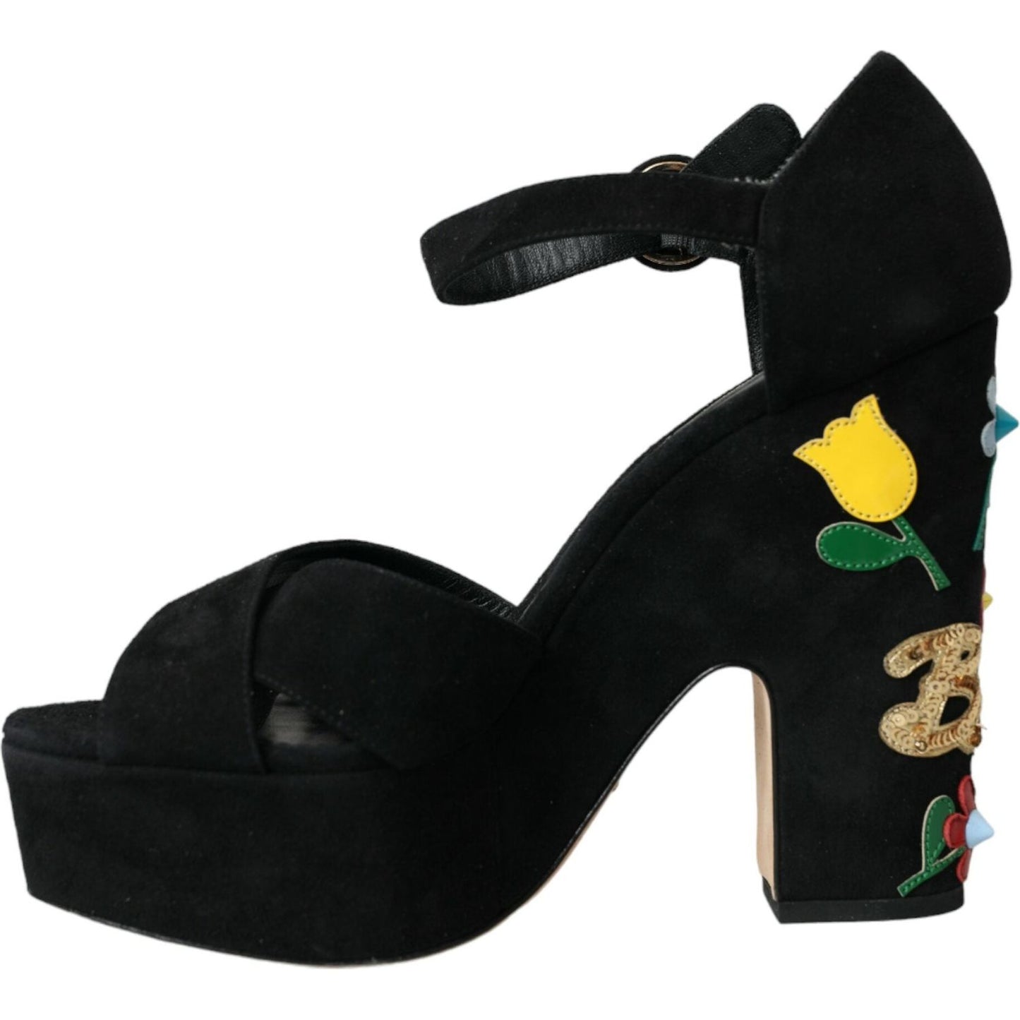 Dolce & Gabbana Black Floral Ankle Strap Heels Sandals Shoes Dolce & Gabbana Black