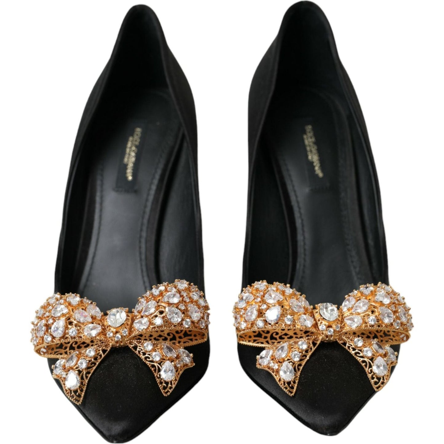 Dolce & Gabbana Black Satin Bow Crystal Heels Pumps Shoes Dolce & Gabbana Tan