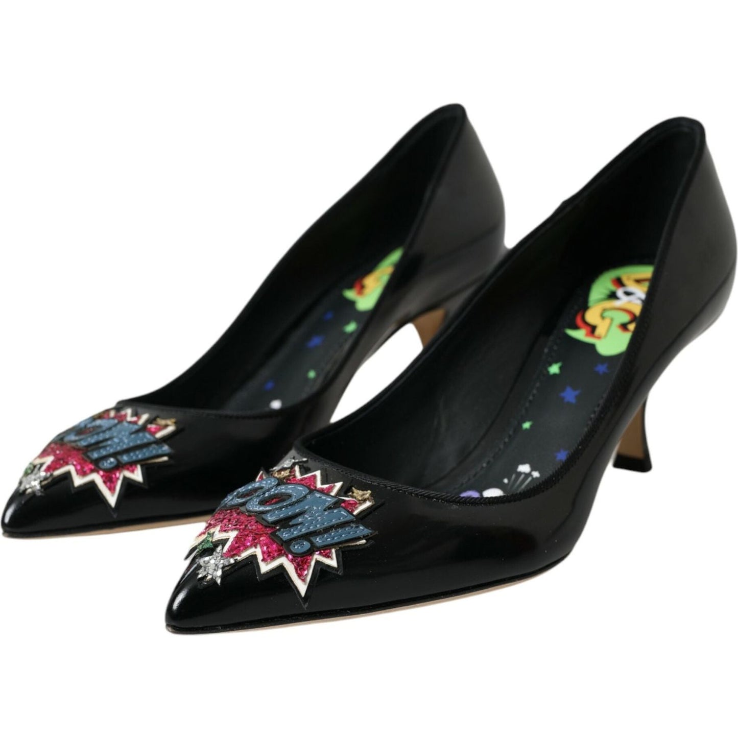 Dolce & Gabbana Black Leather BOOM Patch Heels Pumps Shoes Dolce & Gabbana Black