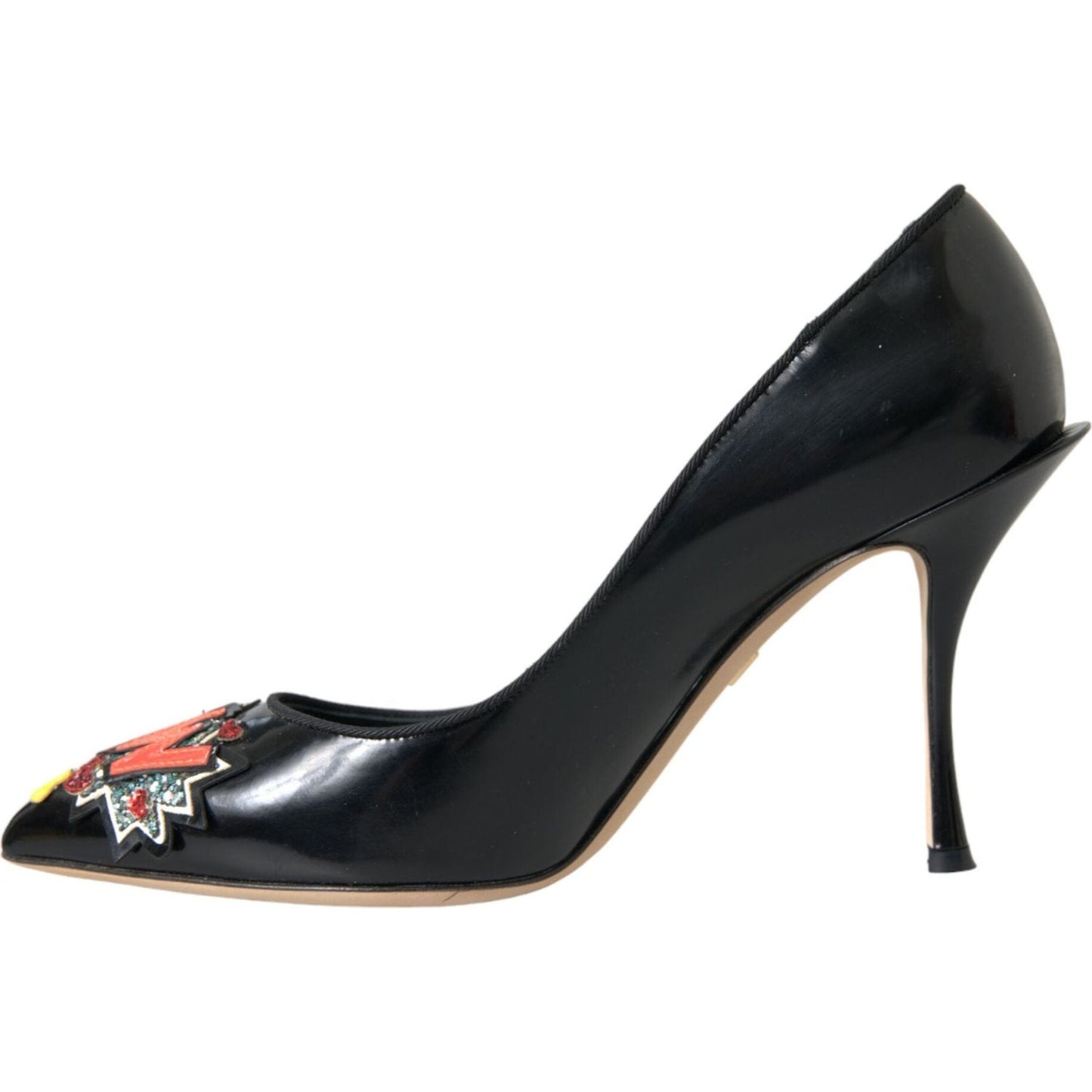 Dolce & Gabbana Black Leather WOW Patch Heels Pumps Shoes Dolce & Gabbana Dark Slate Gray