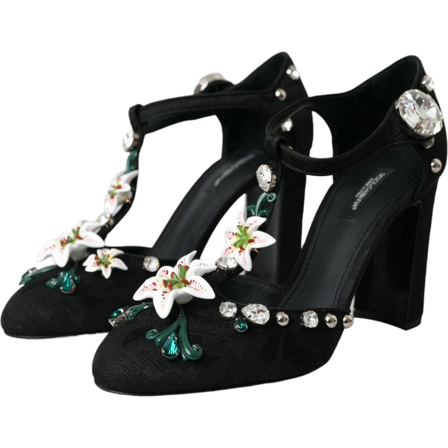 Dolce & Gabbana Black Lilies Crystal Heels Pumps Shoes Dolce & Gabbana Black