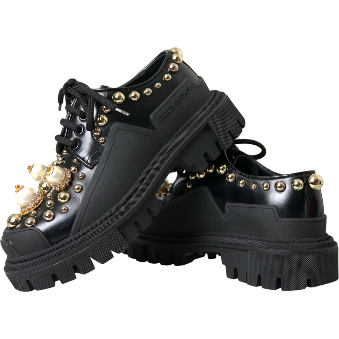 Dolce & Gabbana Black Leather Trekking Derby Embellished Shoes Dolce & Gabbana Dark Slate Gray
