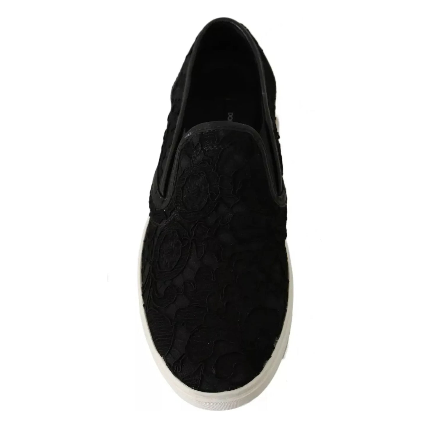Dolce & Gabbana Black Lace Leather Logo Flat Slip-On Sneakers Dolce & Gabbana Black
