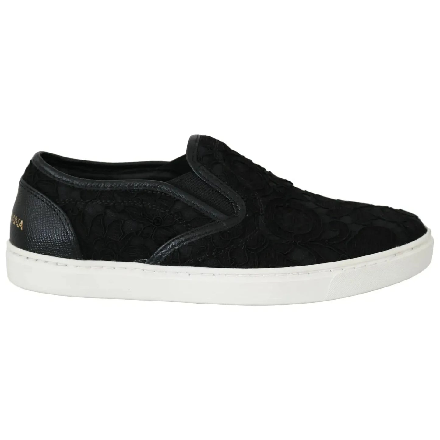 Dolce & Gabbana Black Lace Leather Logo Flat Slip-On Sneakers Dolce & Gabbana Black