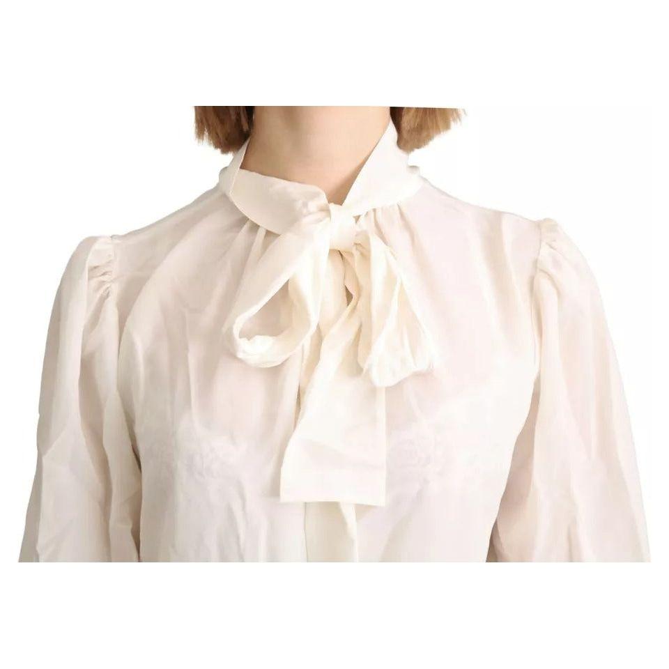 Dolce & Gabbana Off White Scarfneck Long Sleeves Blouse Silk Top Dolce & Gabbana Antique White