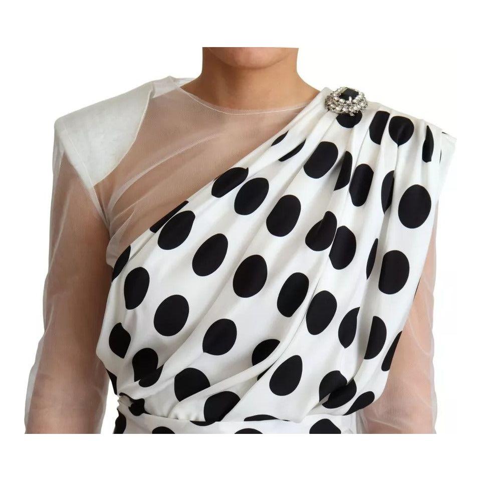 Dolce & Gabbana White Polka Dots Crystal One Shoulder Dress Dolce & Gabbana Gray