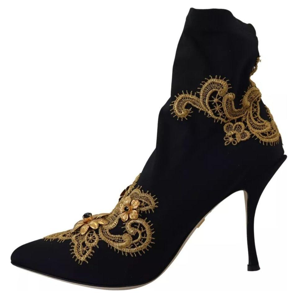 Dolce & Gabbana Black Gold Embroidery Slip On Boots Shoes Dolce & Gabbana Black