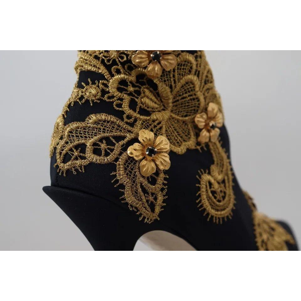 Dolce & Gabbana Black Gold Embroidery Slip On Boots Shoes Dolce & Gabbana Gray