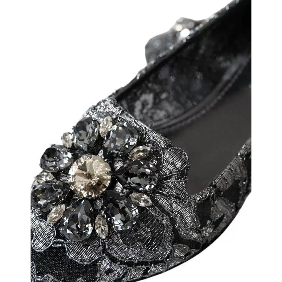 Dolce & Gabbana Gray Black Lace Crystal Ballet Loafers Shoes Dolce & Gabbana Dark Slate Gray
