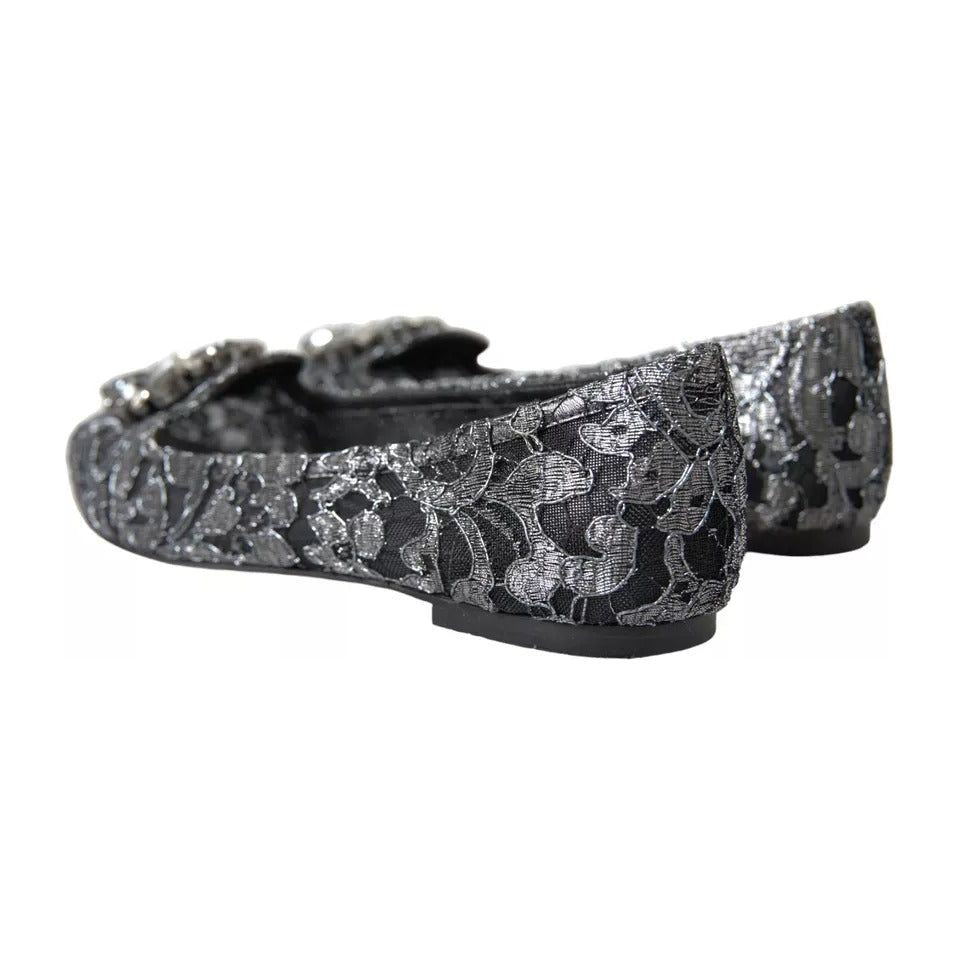 Dolce & Gabbana Gray Black Lace Crystal Ballet Loafers Shoes Dolce & Gabbana Dark Slate Gray