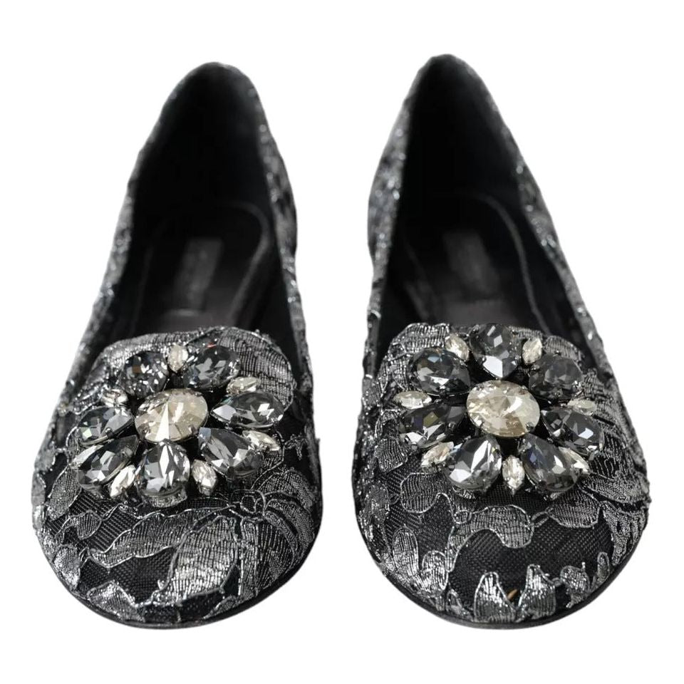 Dolce & Gabbana Gray Black Lace Crystal Ballet Loafers Shoes Dolce & Gabbana Dark Slate Gray