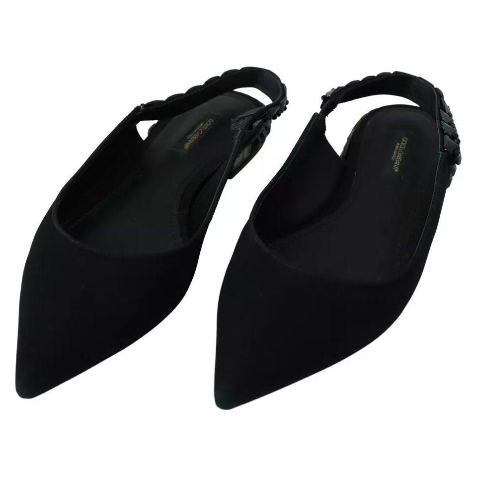 Dolce & Gabbana Black Flats Crystal Slingback Charmeuse Shoes Dolce & Gabbana Black