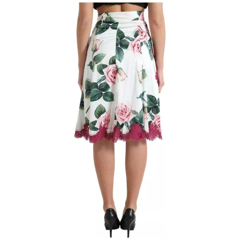 Dolce & Gabbana White Rose Print High Waist Midi A-line Skirt Dolce & Gabbana Light Gray