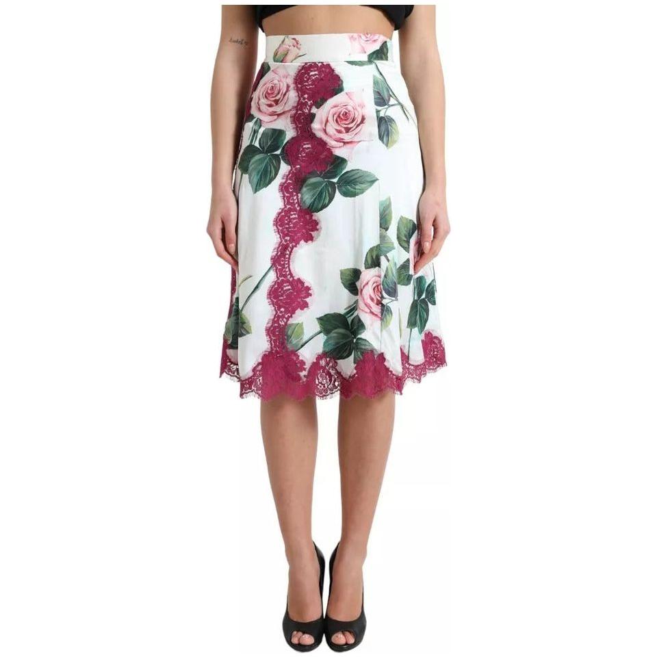 Dolce & Gabbana White Rose Print High Waist Midi A-line Skirt Dolce & Gabbana Gray