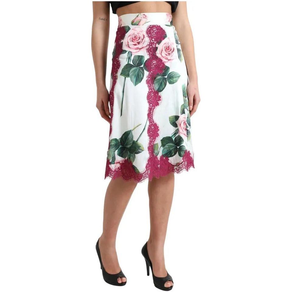 Dolce & Gabbana White Rose Print High Waist Midi A-line Skirt Dolce & Gabbana Gray