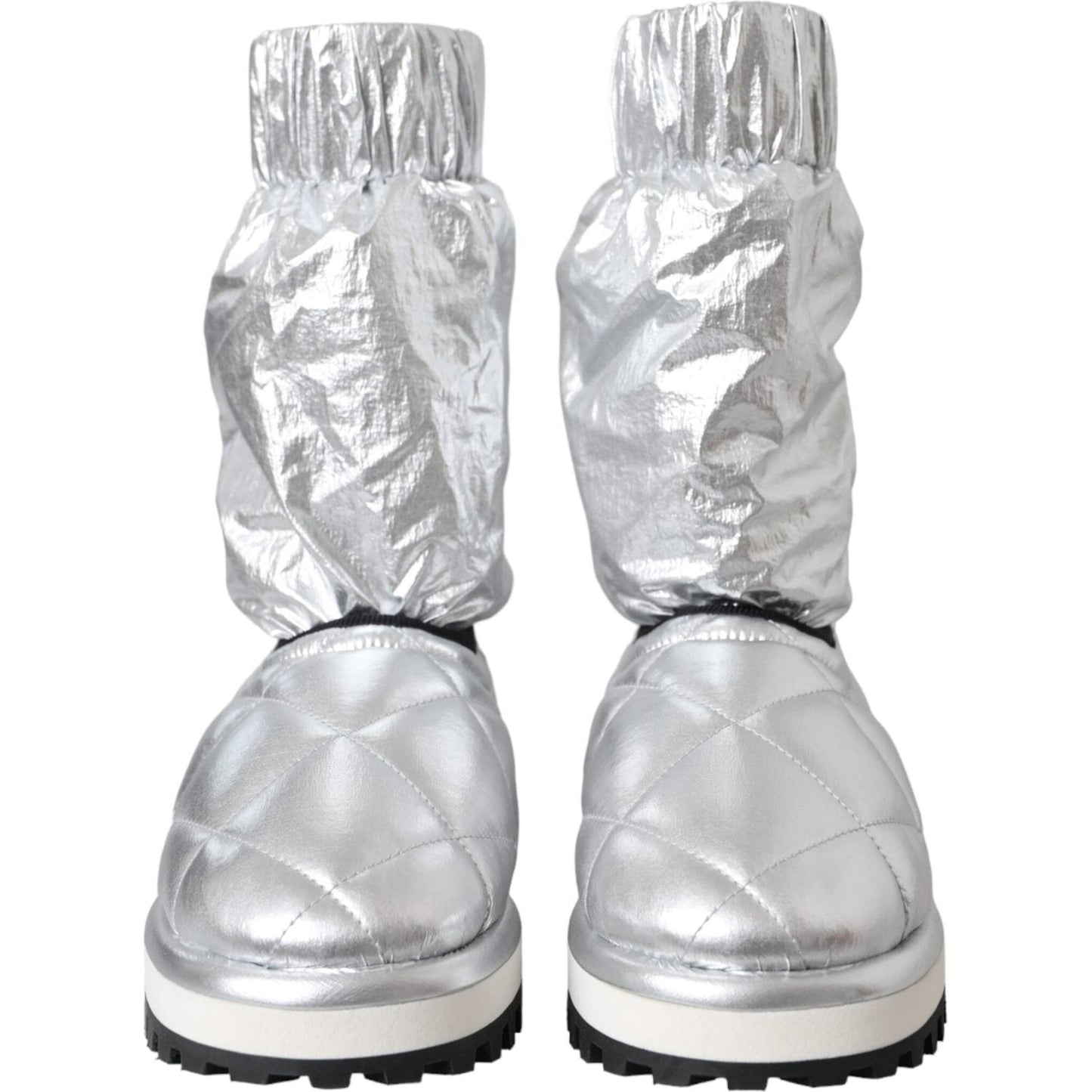 Dolce & Gabbana Metallic Silver Quilted Logo Patch Boot Shoes Dolce & Gabbana Gray