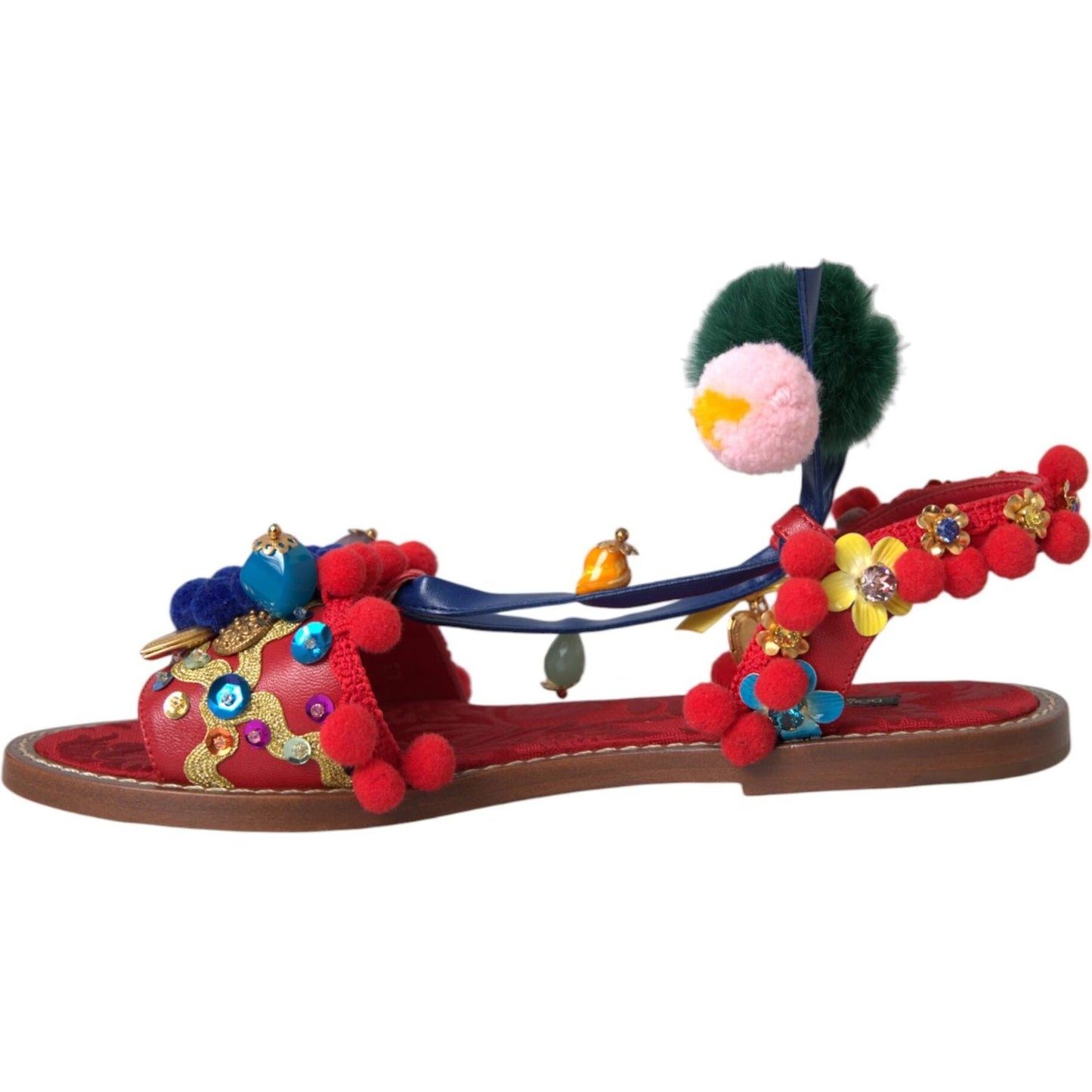 Dolce & Gabbana Multicolor Pom Pom Fur Wrap Sandals Shoes Dolce & Gabbana Saddle Brown