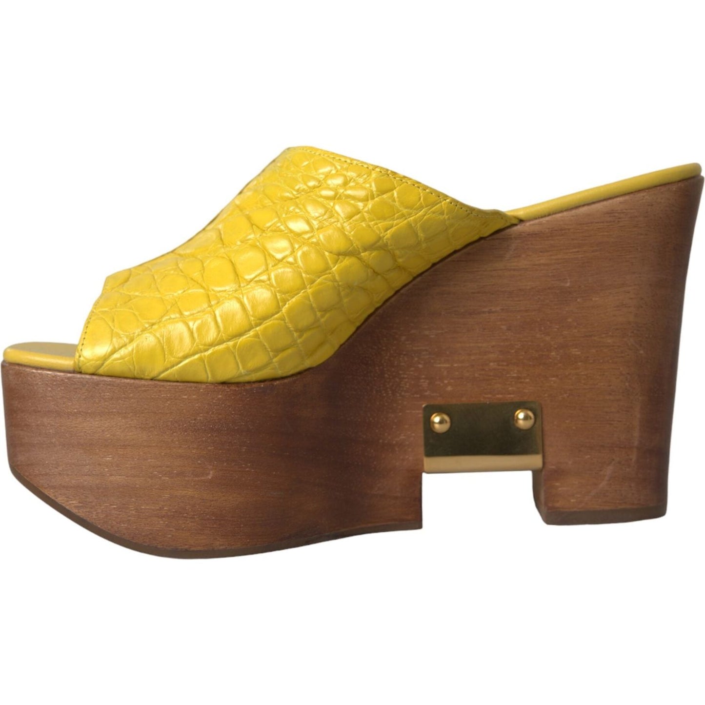 Dolce & Gabbana Yellow Leather Wood Mule Wedge Slides Shoes Dolce & Gabbana Saddle Brown