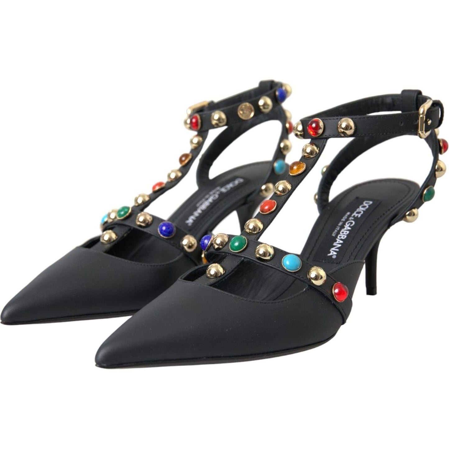 Dolce & Gabbana Black Leather Embellished Heels Sandal Shoes Dolce & Gabbana Dark Slate Gray