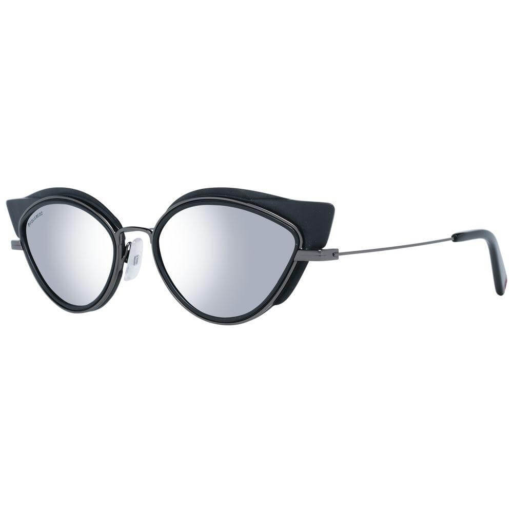 Dsquared² black cat eye sunglasses for women with mirrored silver lenses, metal and plastic frame, offering 100% UVA & UVB protection.