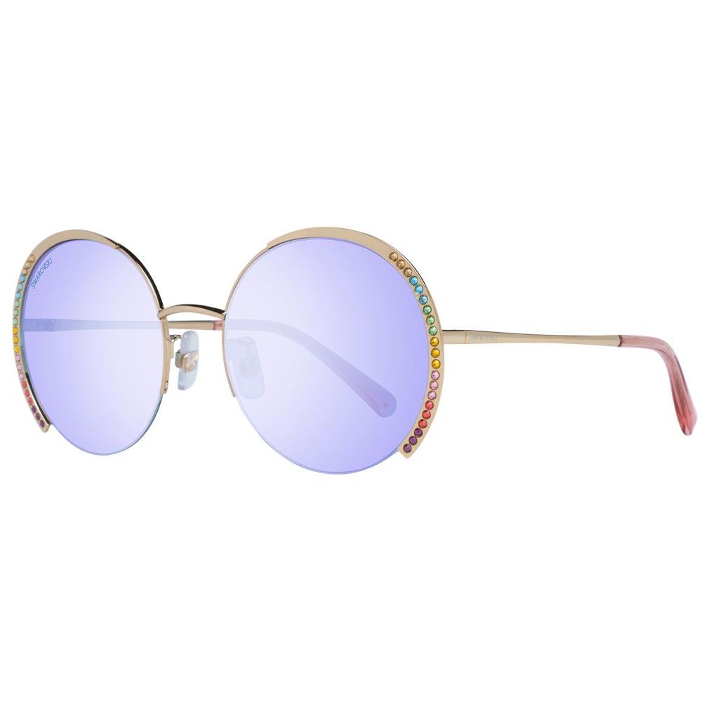 Swarovski gold women's sunglasses, round half-rim, gold metal frame, blue plastic lenses, UV protection, rainbow accents, branded case included.