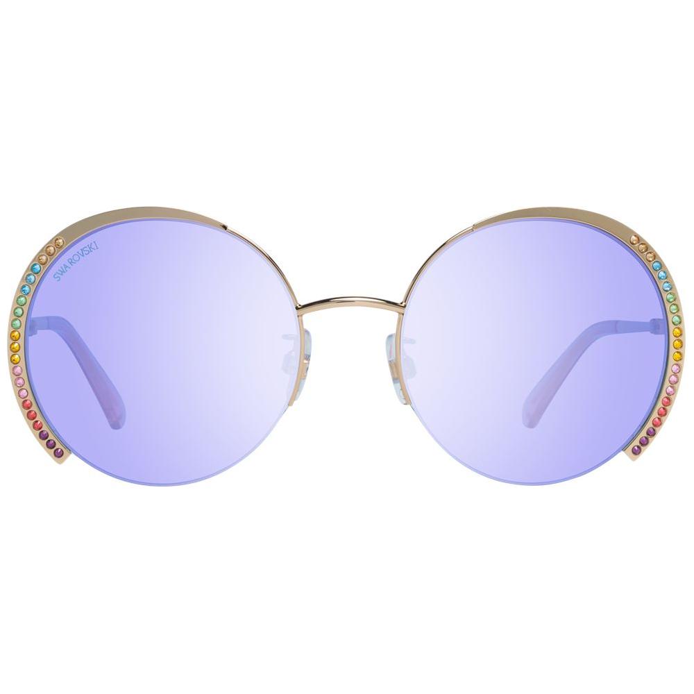 Swarovski gold round women's sunglasses with blue plastic lenses and metal half-rim frame, featuring 100% UVA & UVB protection.