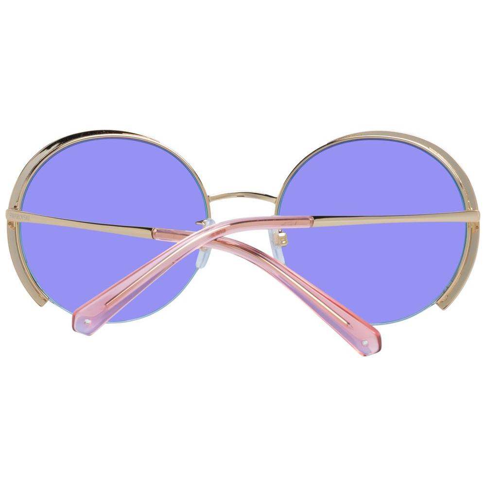Swarovski gold women sunglasses with round blue lenses, metal half-rim frame. Includes branded case, UVA & UVB protection.