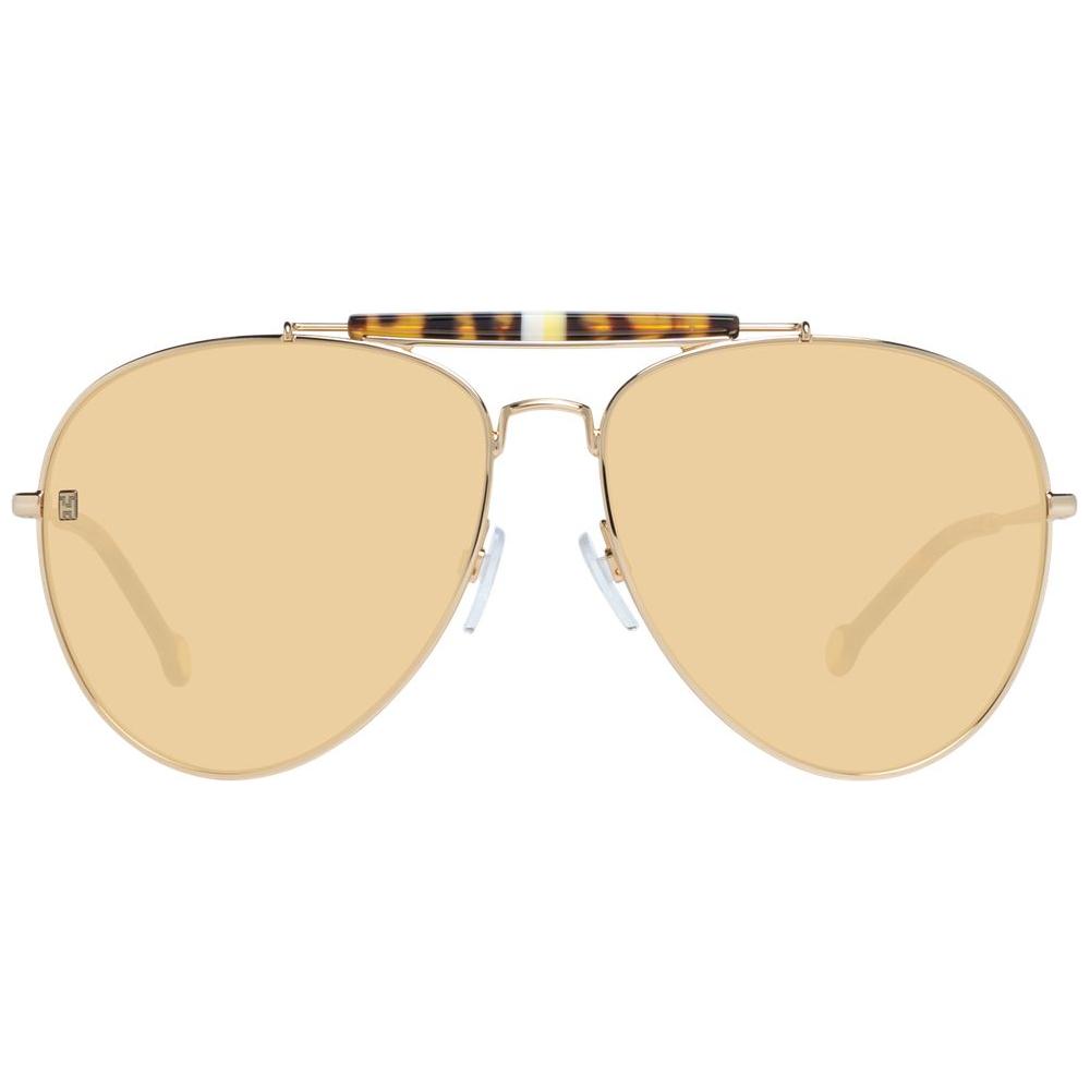 Tommy Hilfiger gold women's aviator sunglasses with gradient brown lenses, metal frame, 100% UVA & UVB protection, full-rim style.