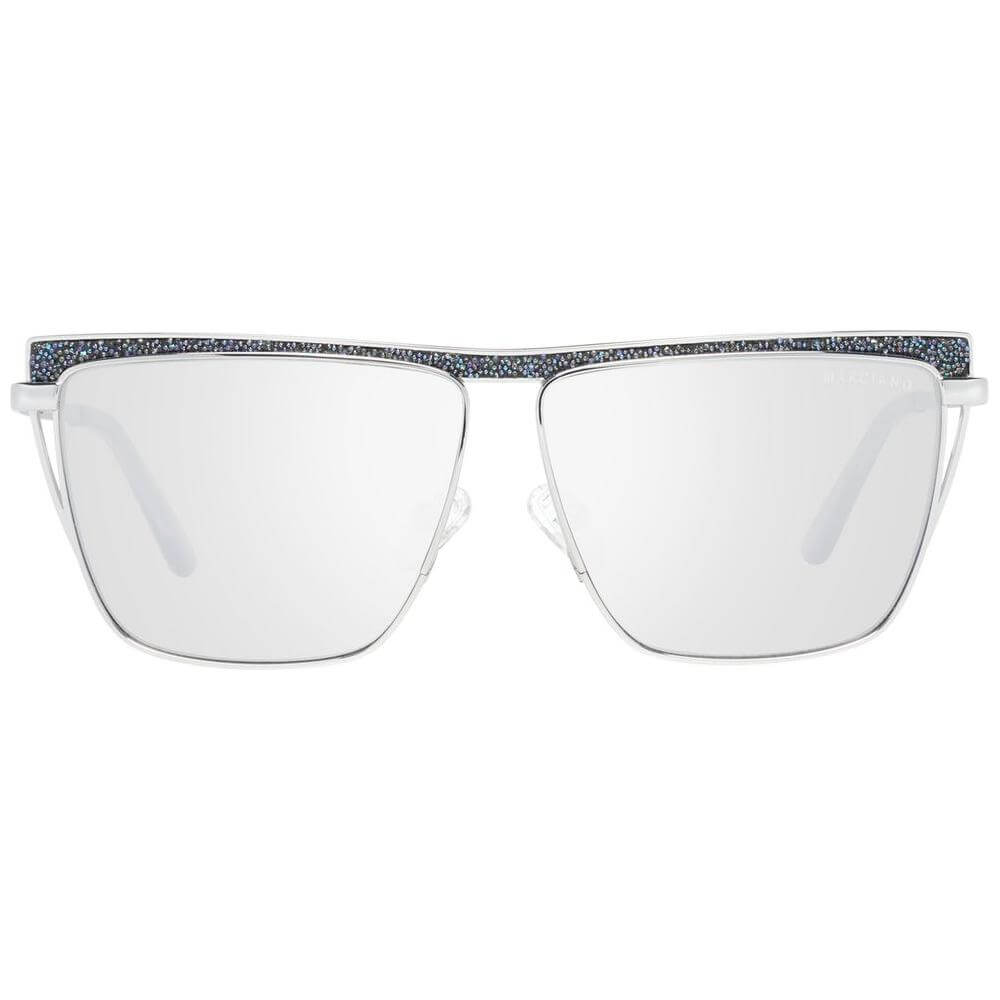 Marciano by Guess silver trapezium sunglasses for women with mirrored yellow lenses, metal frame, and 100% UV protection.